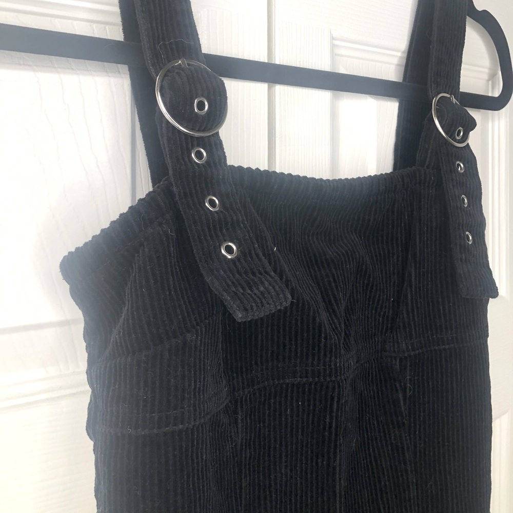 Black Corduroy Mini Dress with Buckle Straps